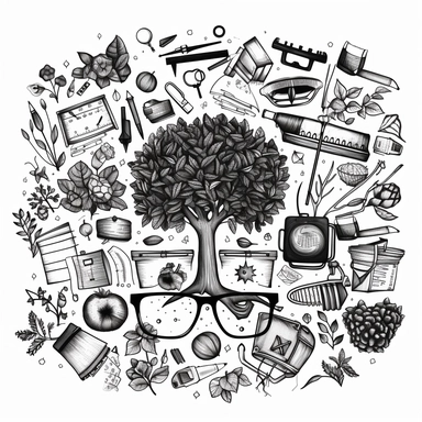 style of a black and white coloring page vector, tree branches, leaves and school supplies doodle clipart different poses expressions