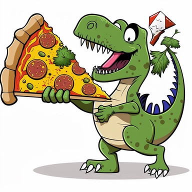 happy cartoon dinosaur eating a pizza clipart
