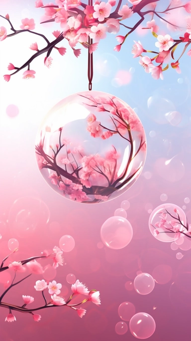 sakura blossom background vector, free stock photography clipart nel, in the style of luminous spheres, suspended/hanging, kazuki takamatsu, romantic charm, fujifilm natura 1600, humble charm, glass as material
