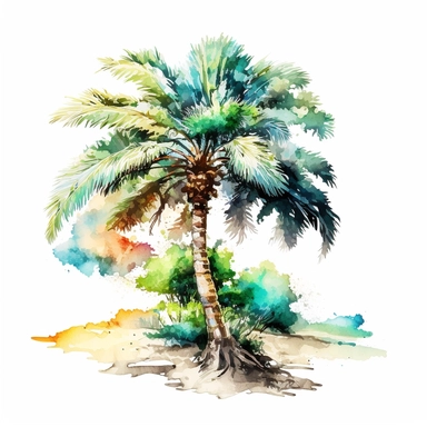 watercolor sketch illustration of Tropical Watercolor tree beach Clipart, digital art, concept, art, 8k, hd, isolated on a white background