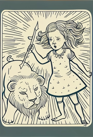 a girl taming a lion, tarot card, funny style, Katharina Madesta style, line art, coloring page for kids, printable, thin lines, no details, no shadow, crisp lines, illustration, vector, clipart