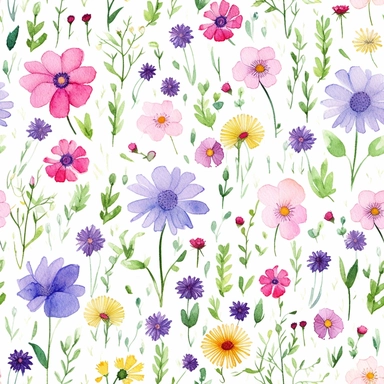 flora, flowers, Watercolor, vector, white background, clipart, Seamless patterns, repeating patterns design, flat illustration, outlined , Vector, 4K, Art station, digital print, highly detailed clean, A detailed illustration a field,3D vector art, cute and quirky, fantasy art, watercolor effect, bokeh, Adobe Illustrator, hand-drawn, digital painting, low-poly, soft lighting, bird's-eye view, isometric style, retro aesthetic, focused on the character, 4K resolution, vector image, photorealistic 