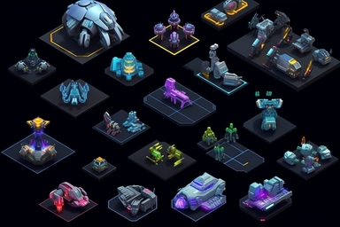 isometric game sprites, spritesheet, clipart, futuristic family hover crafts, gaming assets, sci-fi, fun, creative, cartoon render, hyper-detailed, black background, inspired by one random famous product designer, inspired by one random famous sci-fi movie