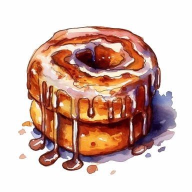 a cinnamon Donut without glaze in the style of watercolour clipart with detailed brush strokes