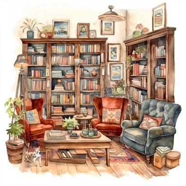 A vintage-inspired bookstore with shelves full of old books and cozy reading nooks, clipart, watercolor, white background, american style