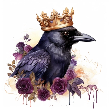 Idyllic watercolor and ink clipart of dark gothic dark moody dark moody burgundy, black and purple rose flowers with poison thorns, black raven wearing a small ornate golden crown on its head, with gold accent, isolated on a white background, dark moody c