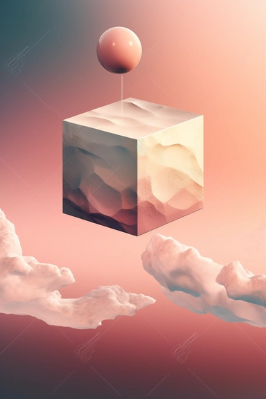 clipart of a cube-shaped moon floating mid air, peach and pink colors, off-white colored background, dreamlike lighting, digital illustration, illustration, surrealism,