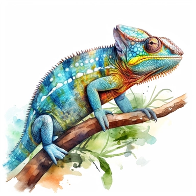 watercolour illustration free brushstrokes, beautiful and joyful, chameleon with curly tail, mark brooks, naturecore, animal clipart, isolated on a white background,