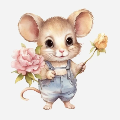 a standing baby mouse with cute big eyes, beatrix potter style, holding a flower, happy smiling face, cute animal, adorable, playful atitude, adorable watercolor animal clipart with a few plant and flowers decor, no background, high quality