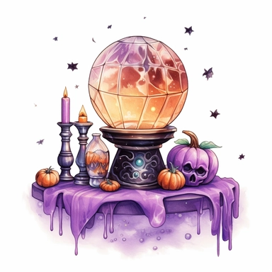 hand drawn glowing crystal ball sitting on a table with crystals, tarot cards, a wand, candles and a pumpkin, Halloween, purple and orange shades,fantasy, glamorous, , clipart style, detailed and realistic, watercolor, white background with margins