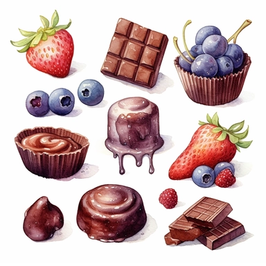 watercolor style, chocolate and fruit desserts, hyper realistic detailed clipart, on a white background