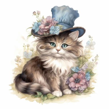 full body of a cute happy fluffy cat with a colourful edwardian ladies hat in a field, in the style of jody bergsma, clipart with white background,32k uhd, hand-painted details, charming character illustrations, dark brown and light beige, pink and dark blue,aquarellist, hd , white background clipart