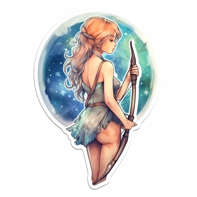cute beautiful lady archer, bow on back, Horoscope, Astrology, forest theme, Watercolor Sagittarius Zodiac Sign Clipart sticker design, 8k, detailed white background, uplighted