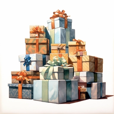 watercolor for a clipart with a white background of presents, hyperrealism, painted by bo Bartlett