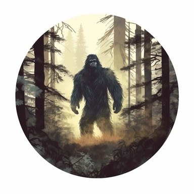 bigfoot in dark woods, painting circular clipart sticker, no mock-up, white background