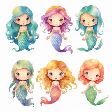 very simple watercolour childrens book style drawing of different isolated happy cute mermaids , pastel colours soft on white background for clipart, 8k