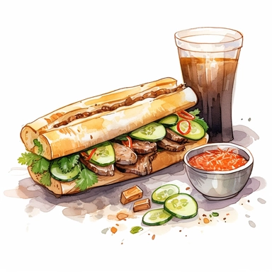 watercolor, hyper realistic, white background, white margins, 16k, ultra detailed clipart, cut out image, hand-drawn Vietnamese banh mi sandwich with grilled pork, pickled vegetables, cilantro, and mayonnaise, served on a crusty baguette, with a cup of Vietnamese iced coffee on the side, in the style of nightcore, multilayered realism, ricoh ff-9d, light gray and light brown, mushroomcore, dark red and green, heavy shading
