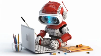 happy robot kid writing computer coding, micro bit, laptop, happy robot kid writing computer coding, clipart, 3D, fantasy, toy, unreal, red, white background,16k