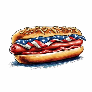 american patriotic flag hot dog clipart illustration, centred, vibrant colors, red, white and blue, add the flag, on a white background, no watermark, no logo, no writing