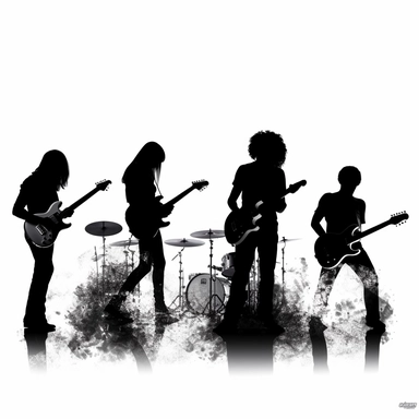 high resolution, solid black silhouettes, clip art, rock band themed, 4k, white and black only