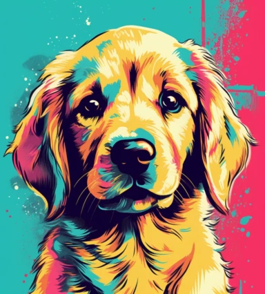 very cute little golden retriever puppy portrait clipart,looking at the audience,pop art illustration,Hotline Miami