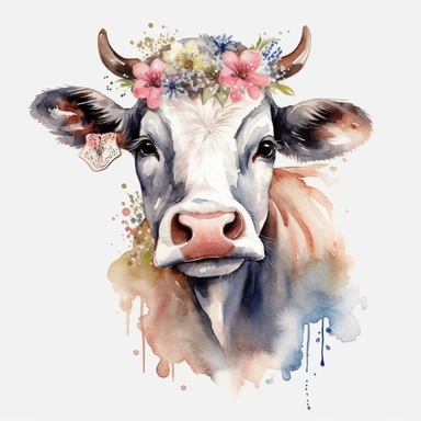 stunning, beautiful and happy cow by Beatrix Potter, Watercolor clipart, single design, print on demand image, sublimation, PNG transparent background, white background, 8k