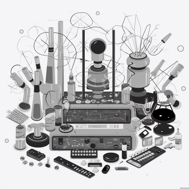 clipart of lab tools full of electronics, transistors, cables and microchips, black and white, rinpa school, emiliano ponzi, greyscales palette, white background
