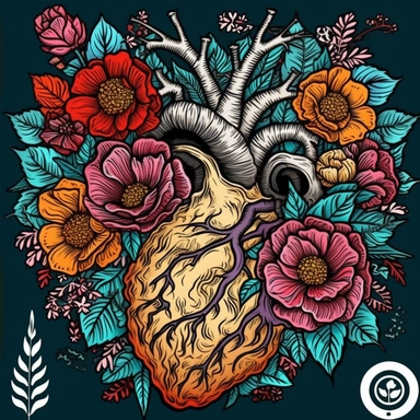 Gothic anatomical Heart Clipart with flowers, Anatomical Valentine digital-illustration. No Roots, no vines, no leaves. Flowers and the anatomical heart only. black outline of heart and flowers Bold, vibrant, Triadic colors. Digital illustration look and feel The image should have a high-detail appearance with texture. The composition should be well-balanced, that evokes the charm of digital-illustration. Blend realism with a touch of stylization, giving digital illustration a sense of depth and