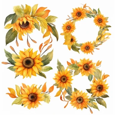 6 Watercolor Sunflowers Clipart, sunflower wreath, fall sunflower floral bouquets in PNG format instant download for commercial use in a propaganda style art