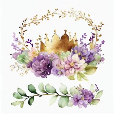 line of purple and lilac watercolor flowers with a simple clipart princess crown on top, watercolor gold, green, purple, white background