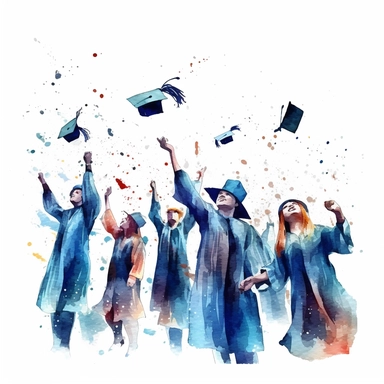watercolor style, Graduation hat toss: Clipart showing a group of graduates throwing their caps in the air, celebrating the completion of their studies. clipart, isolated on white background, 4K