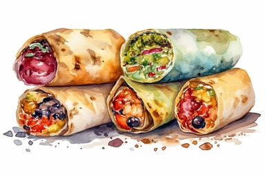 4 watercolor burrito clipart, HD, isolated white background, spaced out