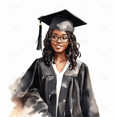 watercolor black female student graduation clipart on a white background