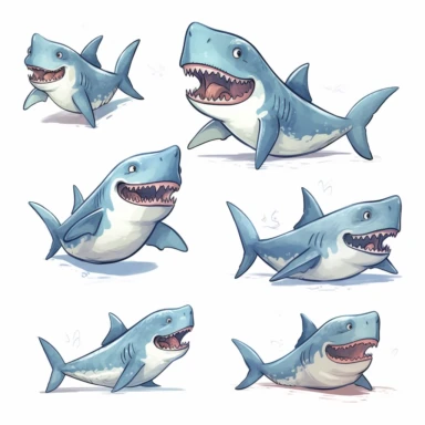cute shark in different poses, clipart, illustration by joe chou, white background