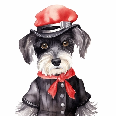 An adorable watercolor clipart of a Doggy Diva wearing a fashionable outfit, black Miniature Schnauzer