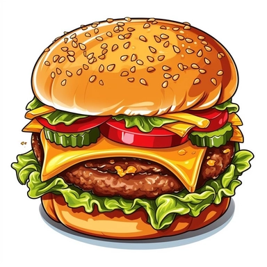 Imagine an appetizing hamburger clipart, meticulously detailed and drawn in a fun, appealing style. The clipart features a thick, juicy patty with a delightful char, resting in a soft bun. Additions of vibrant, crisp lettuce, a slice of ripe tomato, a melting piece of cheddar cheese, and a dash of secret sauce make this burger clipart look irresistibly delicious. Against a stark, white background, the colors pop, making it an enticing piece of art.