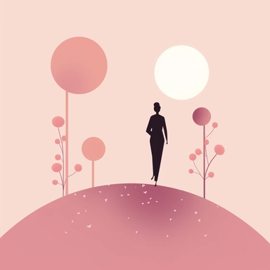 very basic forms illustration clipart, with very basic colours, light pink and brown shades, representing the success that women are constantly looking for, with a small silhouette of a lady walking towards the goals, with tiny flowers, very minimalist