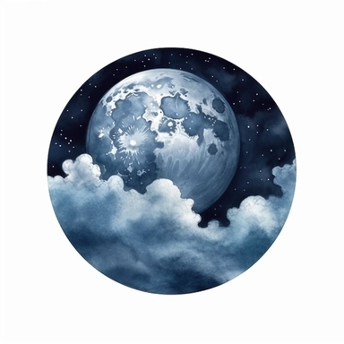 watercolor style, Ominous moonlit sky: An illustration of a night sky with a full moon, stars, and dark clouds, creating a spooky atmosphere. clipart, isolated on white background, 4K