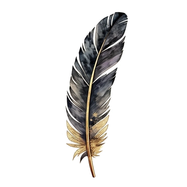 watercolor black feather with gold metalic detailing clip art