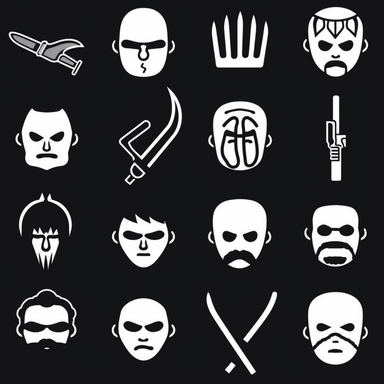 crime drugs mayhem and violence as corporate clipart icons, black line art icons