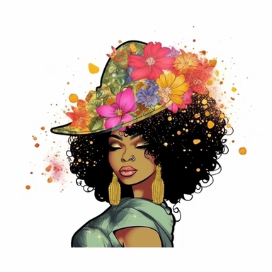 a vector of a black afro woman with a baseball cap and flower buds and, juneteenth colors. in the style of glittery and shiny, hip hop influenced, clipart, few colors, floral
