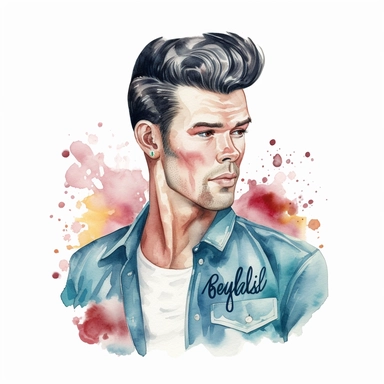 Rockabilly Retro Handsome Guy Watercolor Clipart, on white background, spaced out , detailed, hd