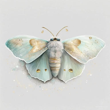 A pale mint moth, on a bed of glitter, white, gold, glitter, fantasy, realistic illustration, watercolor, by Dinara Mirtalipova, by Disney, bright and airy Colors, concept art, white background , clipart