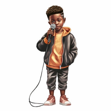 Cool cute black kid rapper, cool rapper clothes, microphone on hand, male black boy, watercolor style, clipart solid white background