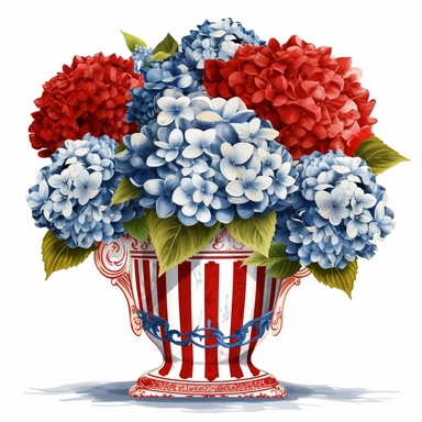 Blue and white chinoiserie style vase with red hydrangeas and American flag picks in the vase 8k clipart style