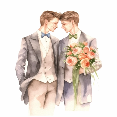 watercolour wedding couple gay, clipart on white background, highly detailed, professional color gradation, clean sharpness