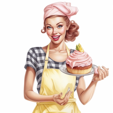 hand drawn pin up woman, wearing a bakers hat, light pink and yellow striped apron, holding a banana cream pie, glamorous, half body, very detailed and realistic, watercolor, white background with margins, clipart style