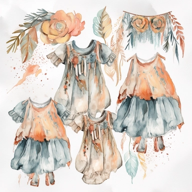 *Design a watercolor clipart featuring bohemian-style baby cloth such as flowy dress, romper, and fringed vest. Use earthy tones and delicate lines to capture the free-spirited vibe, white background