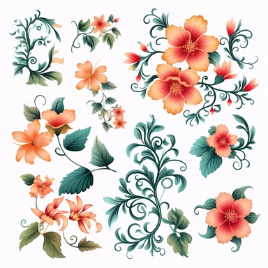 Floral Elements: A set of intricately designed floral clipart, including flowers, leaves, and vines, perfect for creating beautiful compositions