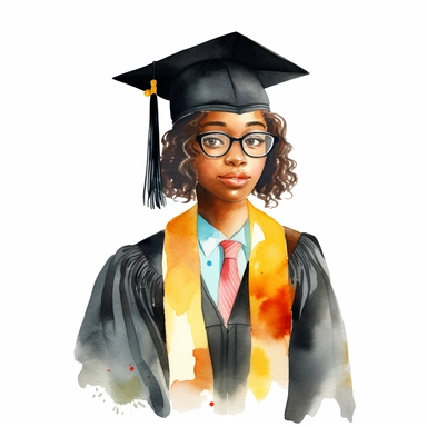watercolor black female student graduation clipart on a white background